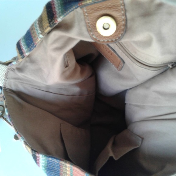 Fossil  Striped Women's Brown Canvas Shoulder Bag Leather Accents Handbag Medium - Picture 6 of 12